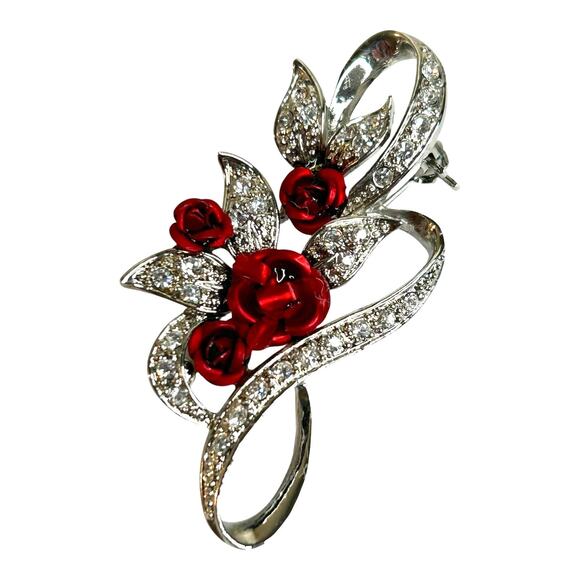 Vintage Red Roses Silver Tone Sparkly Rhinestones Gorgeous Brooch - Picture 1 of 6